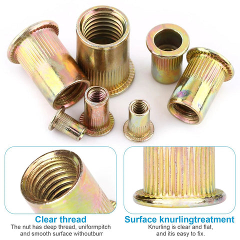 M5 rivet nuts, zinc-plated carbon steel, flat head with knurled outer surface, 100 pcs