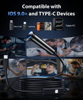 Ultra Clear Endoscope Camera With Light 1920P HD Borescope For Android And iOS Inspections With 8 Adjustable LEDs IP67 Waterproof Semi Rigid Snake Cable 18.04 Ft Long For Tight Spots And Hard To Reach Areas, shown with USB-C and Lightning adapters