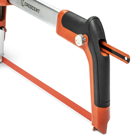 12 Inch Fast Tension Hacksaw with dual material handle, ergonomic front grip, and blade storage visible in detailed view.