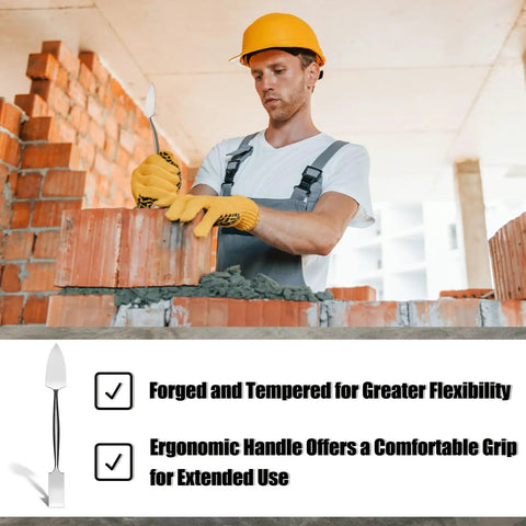 Worker using One Inch Trowel And Square Masonry Tool Forged Steel Built Tough For Concrete Plaster Stucco Glazing Patch Work And Archaeology