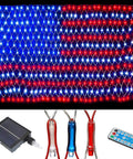 Patriotic Solar Powered LED Flag Net Lights With 420 Bright LEDs, display of American flag with solar panel and remote control