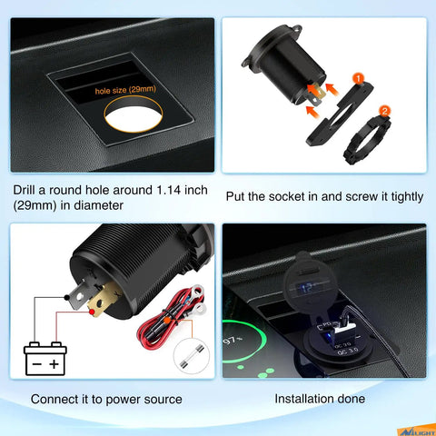 Installation guide for Ride Ready USB PD Type C Car Charger Socket With Digital Voltmeter And Rocker Switch 12 To 24V.