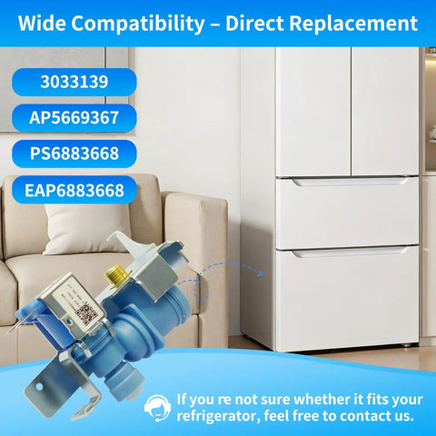 Direct Replacement Refrigerator Water Inlet Valve For GE Refrigerators Ends Ice Maker Headaches And Water Dispenser Issues With Easy Install OEM Equivalent Part next to white fridge