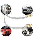 Two Piece Heavy Duty Tire Inflator Hose Adapter With 13 Inch Stainless Steel Extension For Cars And Bikes Reaches Tight Valve Spots Easy With M8 Thread Secures Air Pump Flow Avoids Leaks Helps Maintain Pressure High On The Road Anytime You Drive.