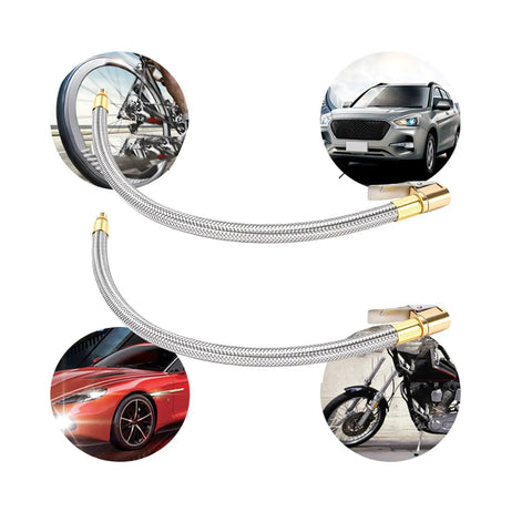 Two Piece Heavy Duty Tire Inflator Hose Adapter With 13 Inch Stainless Steel Extension For Cars And Bikes Reaches Tight Valve Spots Easy With M8 Thread Secures Air Pump Flow Avoids Leaks Helps Maintain Pressure High On The Road Anytime You Drive.