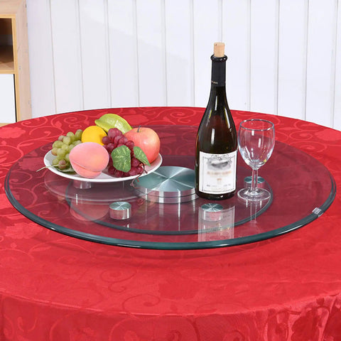 Tempered Glass Lazy Susan Turntable For Dining Large 360 Degree Rotating Tray with fruit, wine, and glass