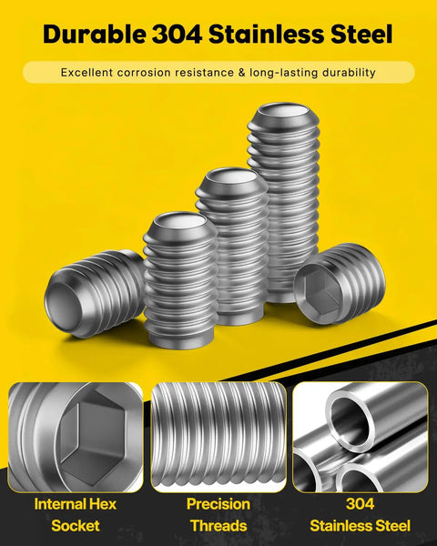 405 Piece Metric Set Screw Kit With M3 M4 M5 M6 M8 Threads 24 Lengths Durable 304 Stainless Steel Includes Five Allen Wrenches For Quick Easy Install And A Handy Secure Fit In Any Repair Or Assembly Job. Internal hex socket 304 stainless steel grub screws