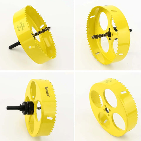 JIECHENG 6-inch bi-metal hole saw with 3/8-in hex shank arbor, yellow cutter; front and side views