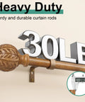 Wood Curtain Rod Set With Adjustable 36 To 120 Inch Length, 1 Inch Diameter, Imitation Wood Grain Finish, Leaf Pattern Finials