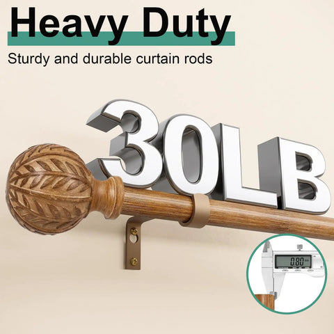 Wood Curtain Rod Set With Adjustable 36 To 120 Inch Length, 1 Inch Diameter, Imitation Wood Grain Finish, Leaf Pattern Finials