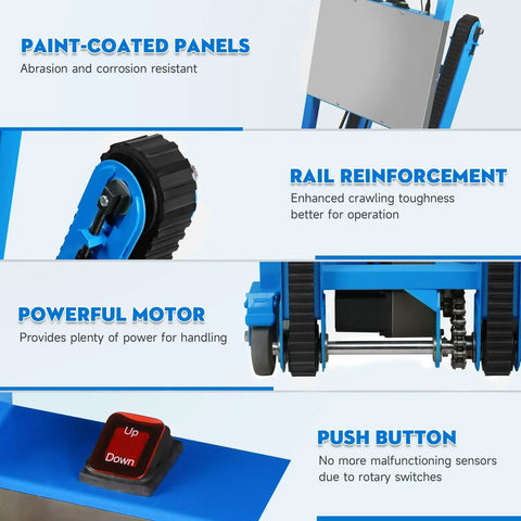 Detailed view of Heavy Duty Electric Stair Climbing Dolly With 900 Lbs Capacity 1250W Motor features including paint-coated panels and powerful motor.