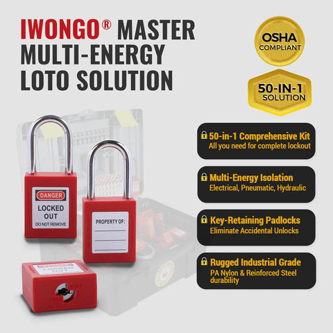 Hard Hat Approved 50 Piece Lockout Tagout Kit Featuring OSHA Compliant Safety Padlocks and multi-energy padlocks.