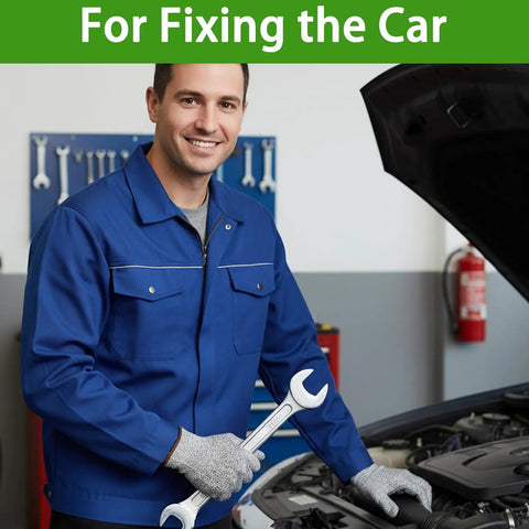 Mechanic wearing cut-resistant gloves holding a wrench by an open car hood in a workshop.