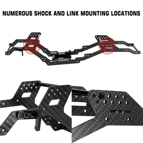 313/324 Millimeter Wheelbase LCG Carbon Fiber Chassis Kit For 1/10 RC Crawler TRX4 with shock mount detail view.