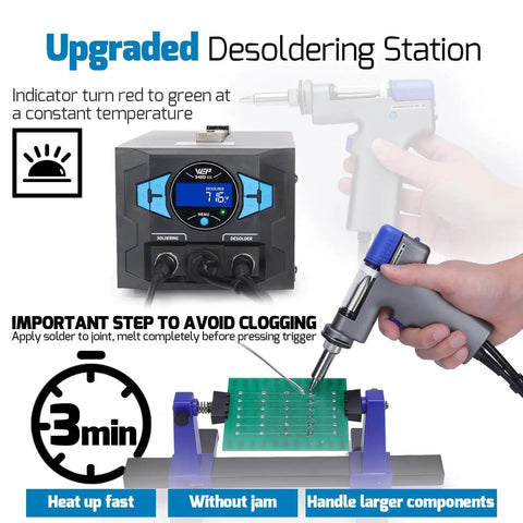 Upgraded 2 In 1 ESD Safe Soldering Desoldering Station with fast heating desoldering gun in use on circuit board