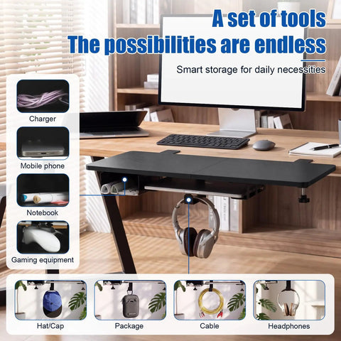 Heavy Duty Under Desk Extender Tray 30 By 12 Inches with slick side storage for chargers and gaming gear in black.