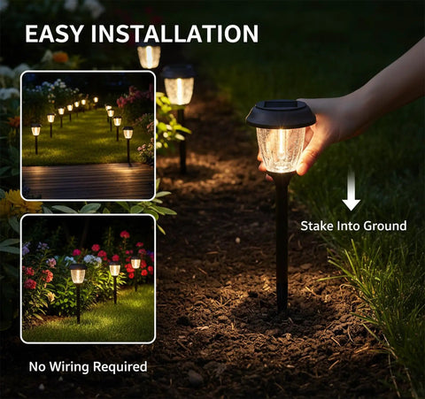 Hand staking Solar Outdoor Pathway Lights With Two Modes Dope 10 Lumen Low And 25 Lumen High LED IP65 into ground at night