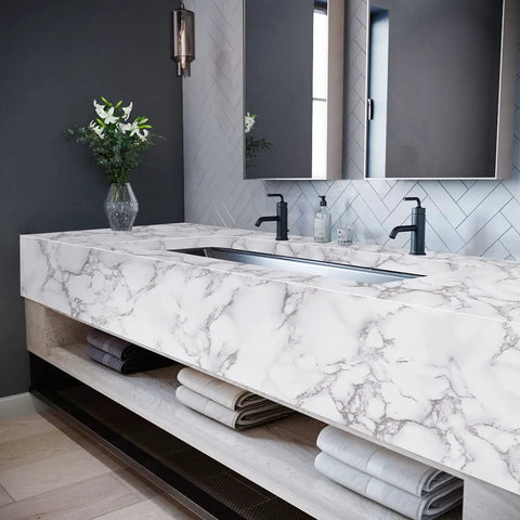 Bathroom countertop with White Grey Marble Peel And Stick Contact Paper 24 Inch By 394 Inch Glossy Self Adhesive Marble Wallpaper.