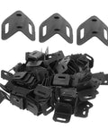 One Hundred Piece Heavy Duty Plastic Corner Protectors L Shaped Edge Guards stacked and loose black plastic angle brackets.