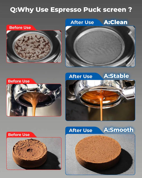 Pro Grade 58mm Bottomless Portafilter With Two Ears For Breville Dual Boiler Oracle Touch and Oracle Jet Espresso Maker before and after using steel puck screens.