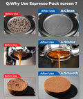 Before and after comparison of Top Shelf 3 Pack 58Mm Espresso Puck Screen showing clean portafilter and smooth coffee puck.