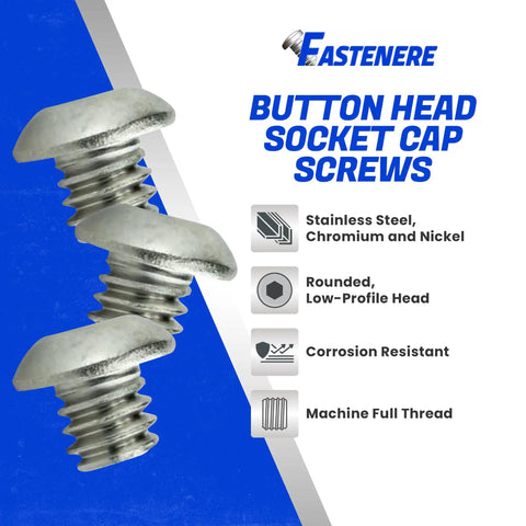 Knockout Quality 18-8 Stainless Steel Button Head Socket Cap Screws 10-32 X 1/4 Inch 50 Pack displayed with rounded tops and full threads.