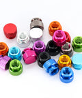 Assorted colors of CNC machined nut caps, including the Orange Anodized 6063 Aluminum Hand Tightening Nuts Set