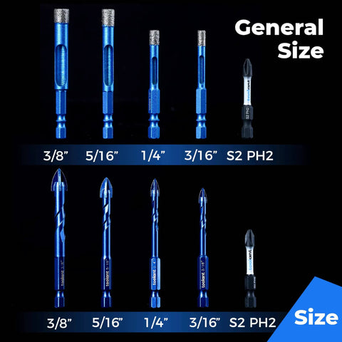 Diamond Drill Bit Set Ten Piece For Glass Tile Ceramic And Porcelain Holes With Quick Change One Quarter Inch Hex Shank Includes Three Sixteenth Inch, Five Sixteenth Inch, And Three Eighths Inch Bits