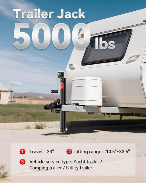 A-frame trailer jack, 5000 lb, black steel mounted on a trailer tongue; cordless drill compatible, 23-inch lift.
