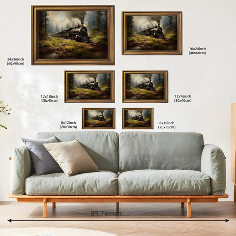 Gallery wall with Gold Framed Vintage Steam Train Poster Canvas Print Wall Art For Living Room And Office Rustic Locomotive Decor 24x36 Inches