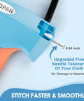 Close-up of DIY Garment Stitch Gun showing fine needle and fabric-friendly features with no material damage message.