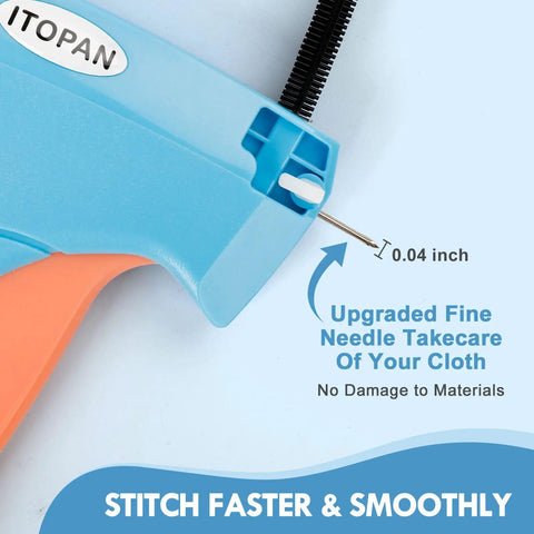 Close-up of DIY Garment Stitch Gun showing fine needle and fabric-friendly features with no material damage message.