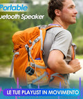 Man hiking with Compact Bluetooth Speaker With 12 Hour Battery Life, Noise Reduction Microphone, Metal Shell, RGB Lights, TWS Pairing