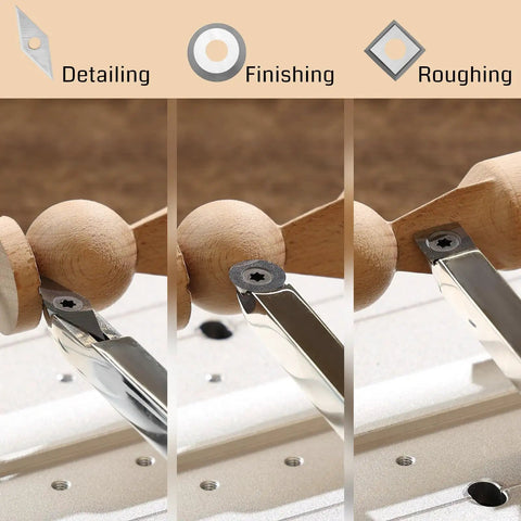 Heavy Duty Tungsten Carbide Woodturning Lathe Cutting Tool Insert Set Featuring Killer Bevel Geometry and Slick Clearance Angles for Lightning Fast Wood Finishing Tasks in use for detailing, finishing, and roughing wood.