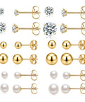Gold Stud Earrings Set For Women 12 Pairs In 3 Styles And 4 Sizes Hypoallergenic Jewelry Kit Featuring CZ Sparkle Studs Shiny Gold Ball Studs And Classic Pearl Studs For Everyday Wear, shown in assorted sizes
