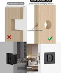 Matte Black Pocket Door Hardware Kit With Privacy Lock For Sliding Doors, Sleek Modern Square Pocket Door Lock And Latch, Fits Standard Door Thickness 1 3 8 To 1 15 16 Inches, For Bathroom And Bedroom, 1 Pack shown installed on door and comparison installation example.