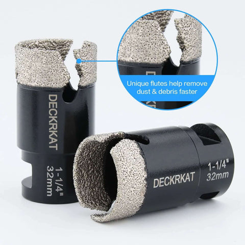 Two DECKRKAT diamond core drill bits, 1-1/4 in (32 mm), vacuum-brazed with fluted tips; 5/8-11 thread, 3/8 in hex shank