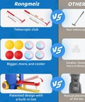 Comparison of kid friendly golf set features: telescopic clubs, colorful balls, built-in tee design versus non-telescopic club.