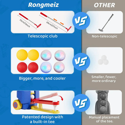 Comparison of kid friendly golf set features: telescopic clubs, colorful balls, built-in tee design versus non-telescopic club.