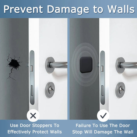 Image showing heavy duty silicone door wall protectors preventing wall damage, featuring a black silicone pad and wall impact.
