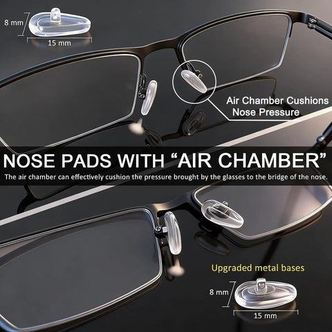 22 Pairs Screw In Eyeglass Nose Pads Replacement Kit With Air Chamber And Conventional Styles shown with glasses detail
