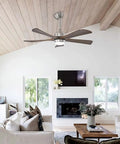 42" 5PCS Solid Wood Blades Ceiling Fan with Lights Remote Control, Nickel hanging in a modern living room with a fireplace.