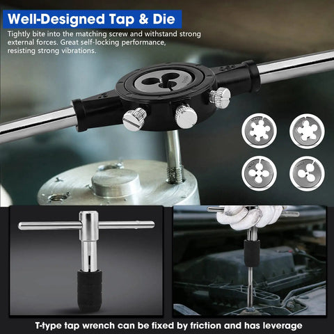 Close-up of the Pro Grade 45 Piece Tap and Die Set for Cutting External and Internal Threads with adjustable handles in use