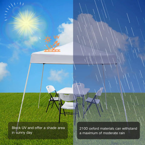 10x10 Pop Up Gazebo Tent With Slant Leg Frame, Waterproof Canopy With UV Protection, shown outdoors in sun and rain
