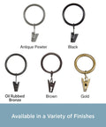 Various finishes of curtain rings including Antique Pewter, Black, Oil Rubbed Bronze, Brown, and Gold with smooth glide clips.