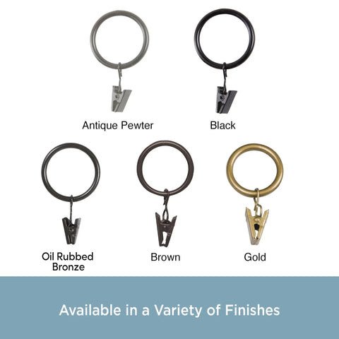Various finishes of curtain rings including Antique Pewter, Black, Oil Rubbed Bronze, Brown, and Gold with smooth glide clips.