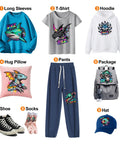 Vibrant clothing and accessory collection featuring illustrated dragon designs on hoodie, t-shirt, pants, bag, and more.