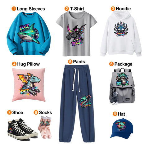 Vibrant clothing and accessory collection featuring illustrated dragon designs on hoodie, t-shirt, pants, bag, and more.