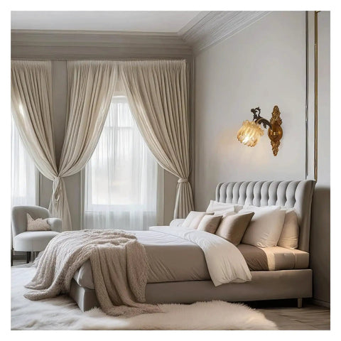LMAPLUMP Wall Lamp Wall Sconce Classical European Vintage Antique Zinc Alloy Flower Glass Shade Crystal Accents Light for Bedroom Bedside illuminating a stylish bedroom.