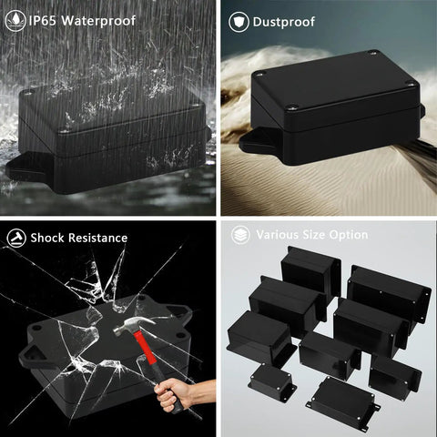 IP65 Waterproof Junction Box Enclosure For Outdoor And Indoor Use, Built Tough ABS Plastic Dustproof Universal Electrical Project Box With Fixed Ear Mounting, Black 3.26 x 2.28 x 1.29 Inches, Pack Of 2 in rain and dust